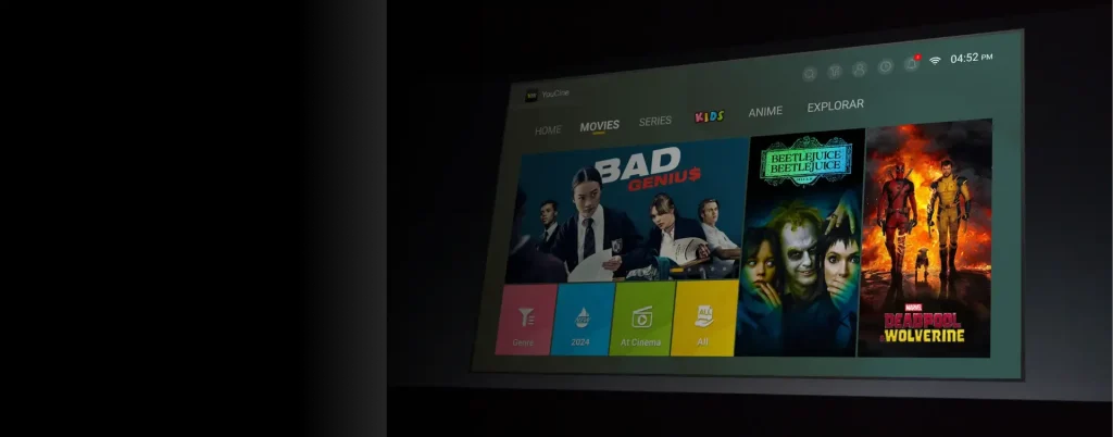 User interface of the Youcine app displaying a menu of TV shows and movies on a television screen.