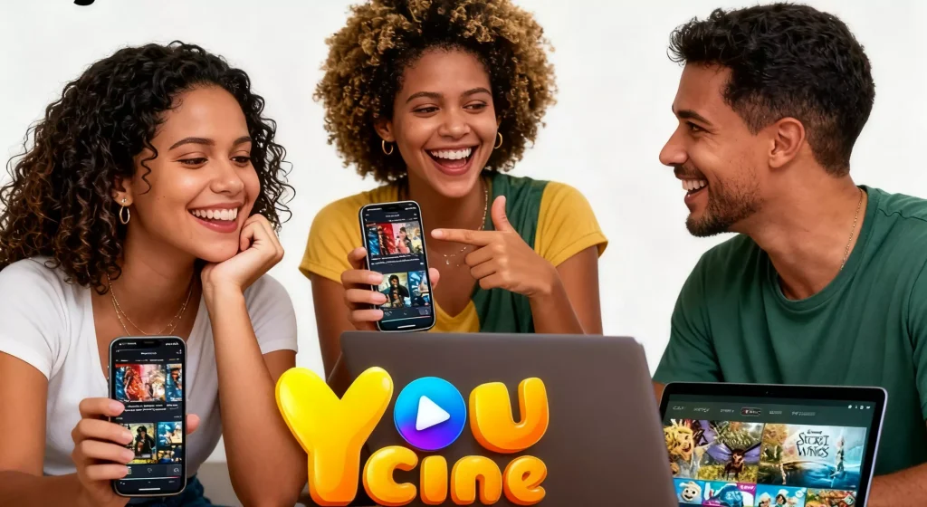 Three friends joyfully engaging with the Youcine app, sharing their positive experience.