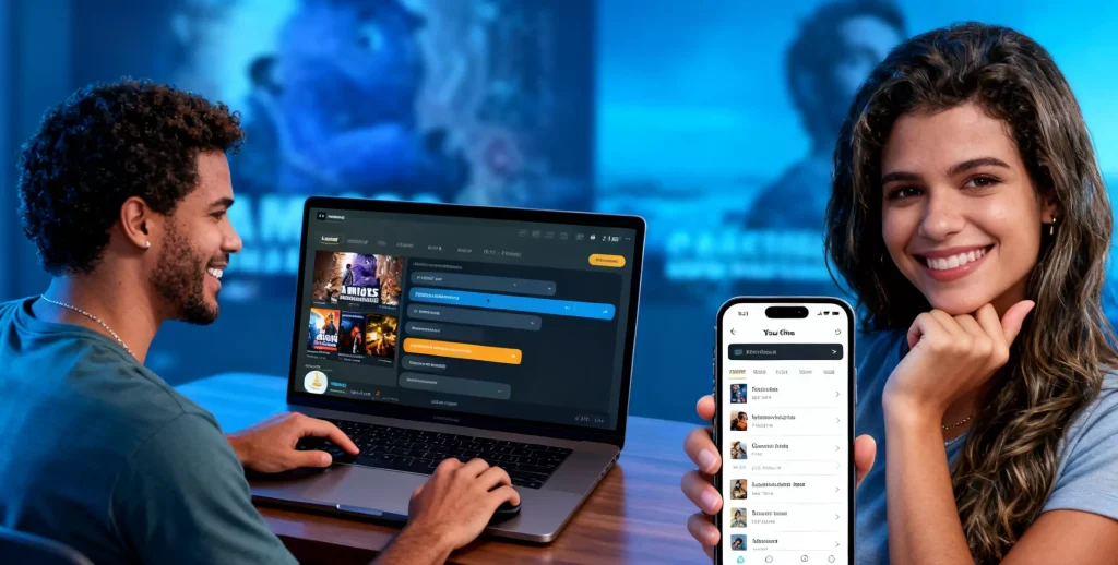 _(1)(1)(1)2 Two people watch a movie using YouCine, one on a phone and the other on a PC.