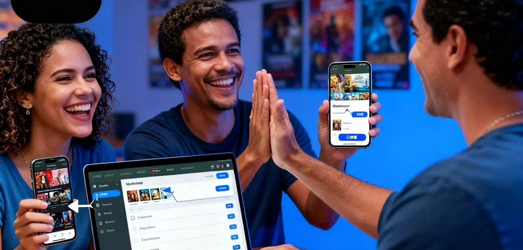 Three joyful Brazilians discussing the YouCine app on two phones and one desktop, showcasing their shared experience.