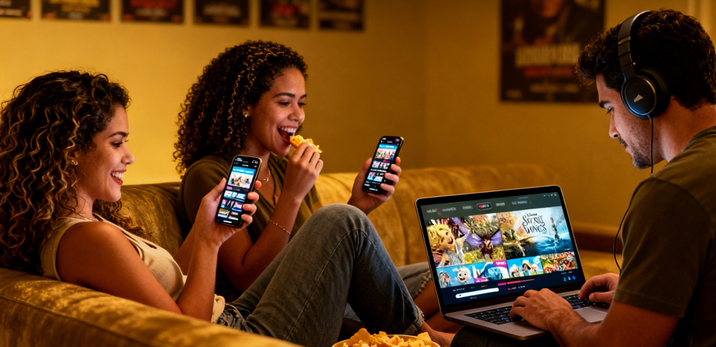 Chart titled "Binge-Watching Diagnosis" illustrating various levels of YouCine addiction with colorful graphics and data points.