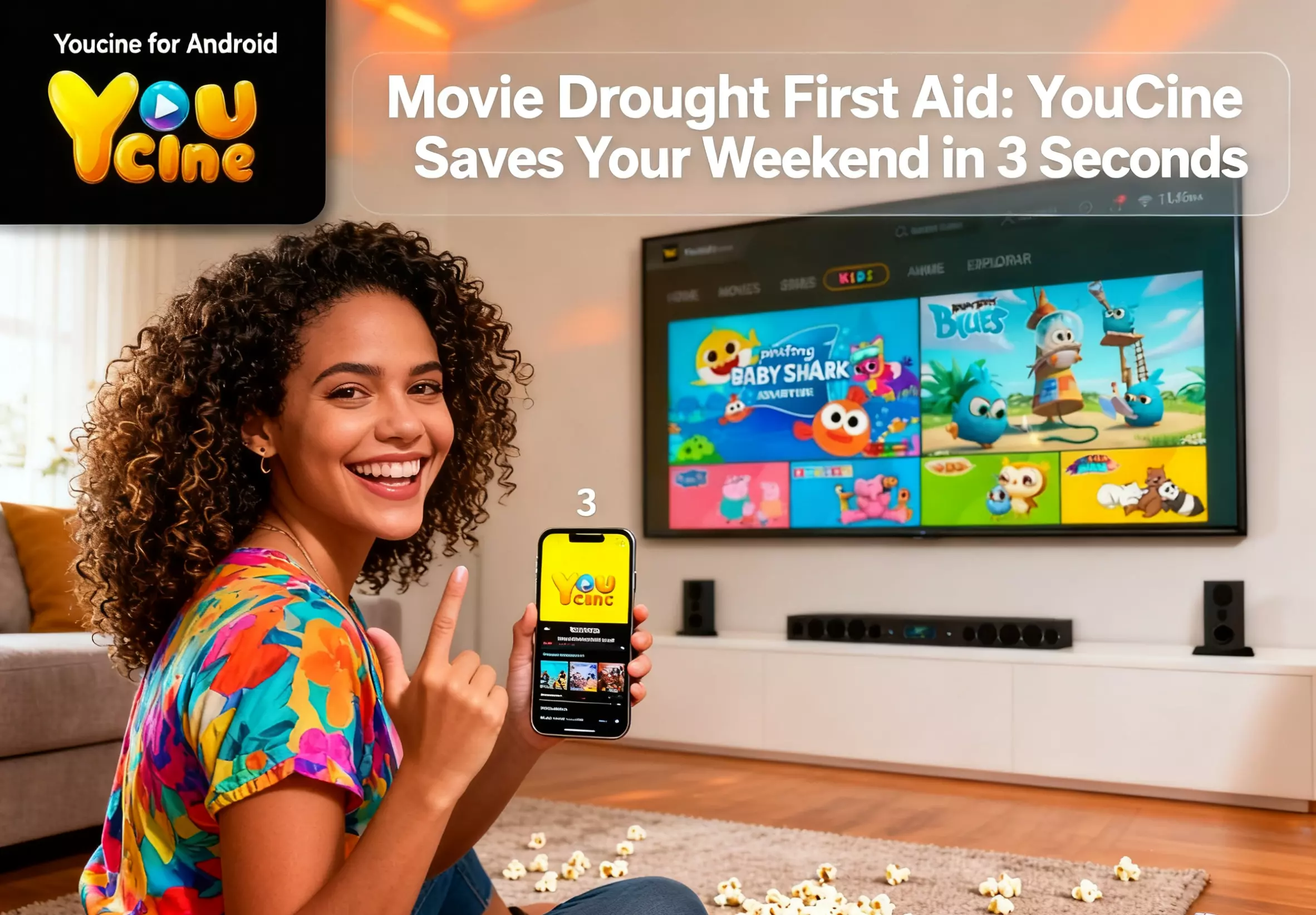 A vibrant YouCine graphic showcasing a movie reel, emphasizing instant movie solutions for your weekend plans.