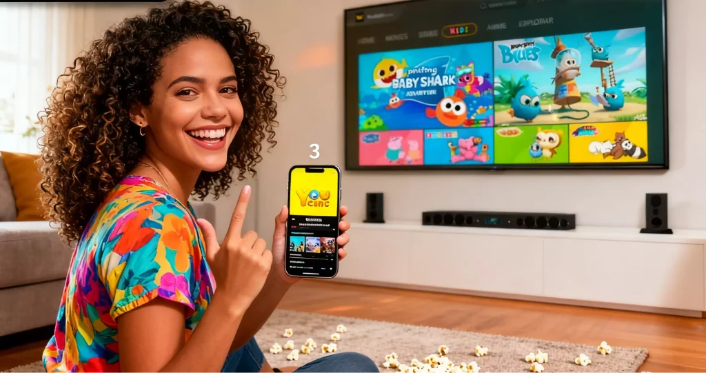 _(4) 2(12 A Brazilian girl holding a phone displaying the YouCine Streaming App, promoting quick movie selections for weekends.
